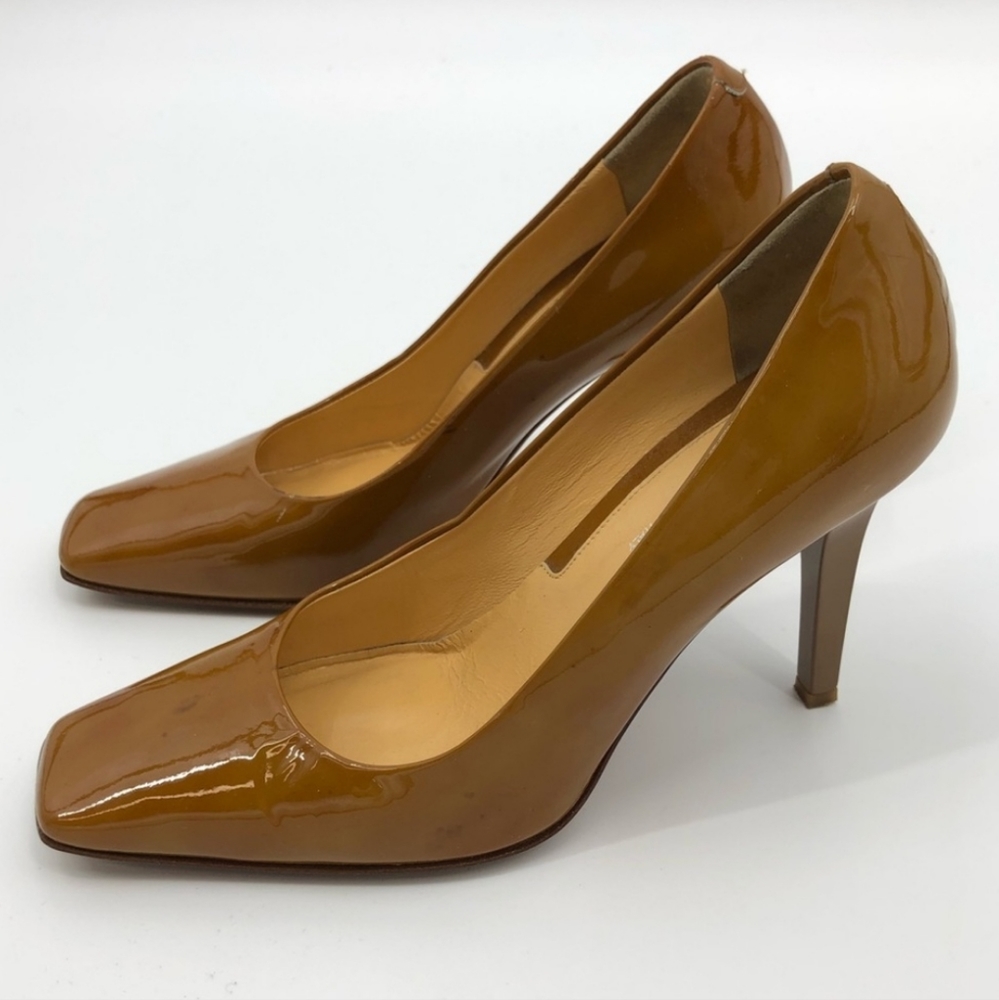 Via Spiga Patent Leather Camel Square Toe Heels